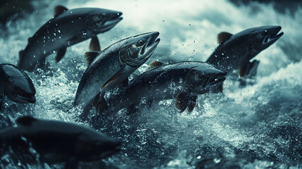 Fototapeta premium Salmon leaping waterfall river nature wildlife