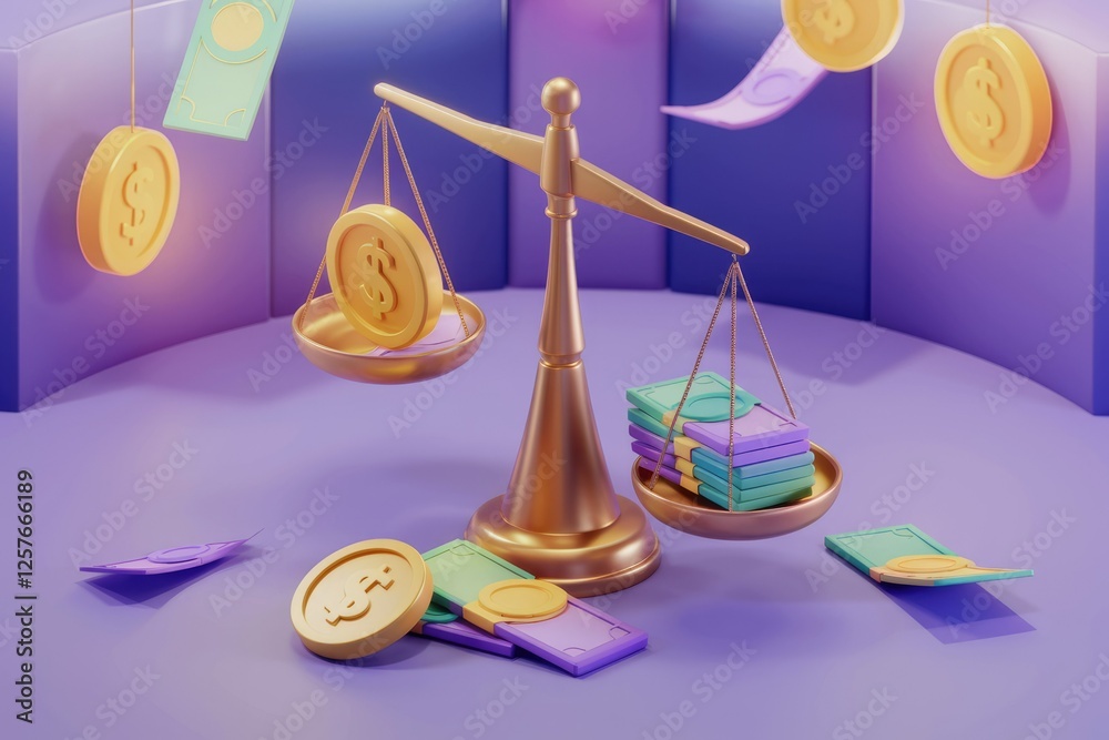 Poster A 3D rendering of a scale balancing coins and stacks of money, symbolizing financial equilibrium.