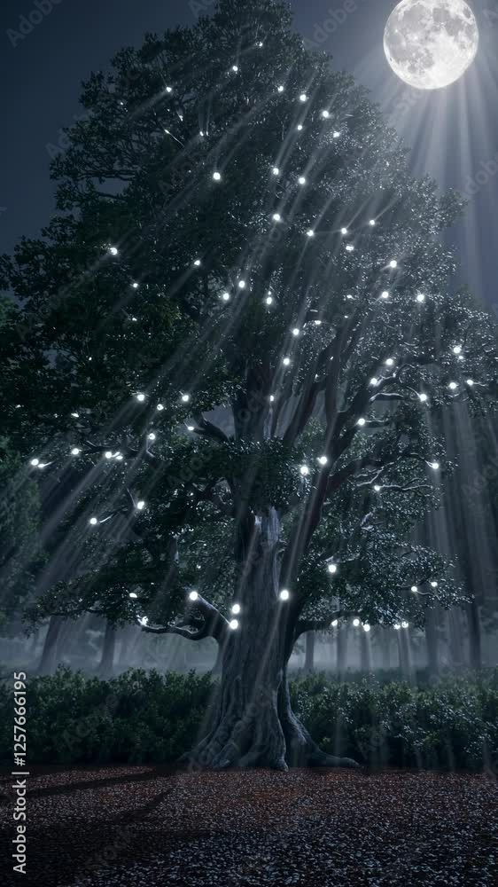 Leinwandbilder an ancient tree with glowing branches under a celestial moon, creating a mystical