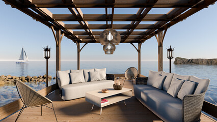 3D render of a wooden pergola next to the sea