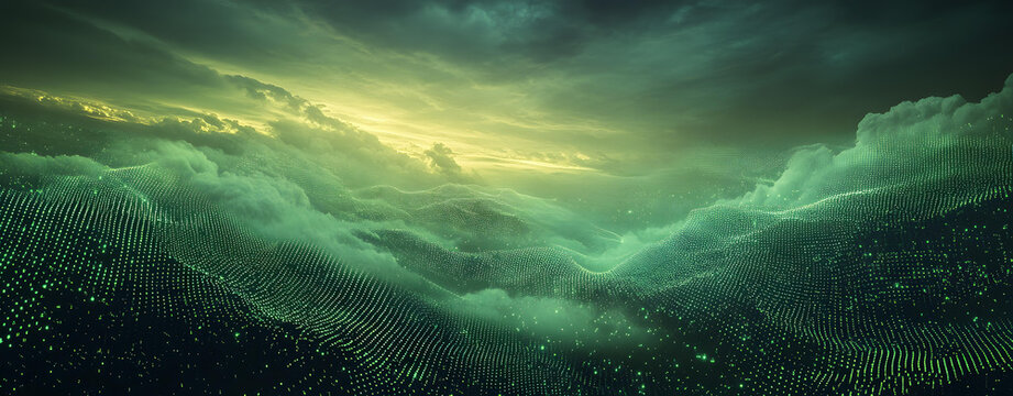 Abstract Green Digital Landscape with Cloudy Sky at Sunset