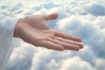 Jesus reaching out his hand against dark background Resurrected Jesus Christ reaching out hand and praying