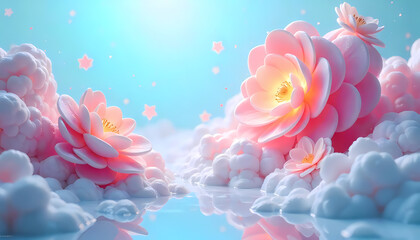 Pink Flower lily on Water, Abstract, pink cloud background abstract backdrop pink lotus flower floating peacefully in a calm lake, surrounded by its reflection