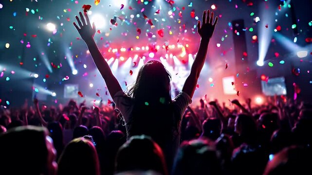 Woman on her back turned and arms raised in the audience of a concert full of colored lights and confetti