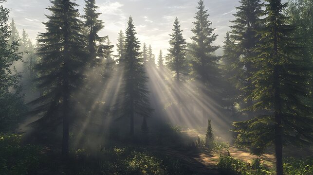 A serene forest with towering pine trees and a misty ambiance sunlight streaming through the foliage - Powered by Adobe