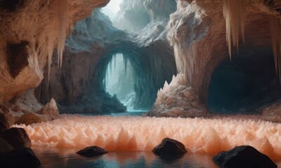 Cave, fantasy world, fluffy cave made of peach crystals