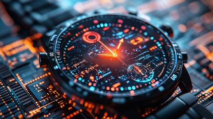 Close-up of a futuristic watch displaying glowing digital elements against a tech backdrop