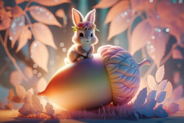 Obraz premium Adorable bunny wearing a flower crown sits atop a giant acorn in a whimsical forest.