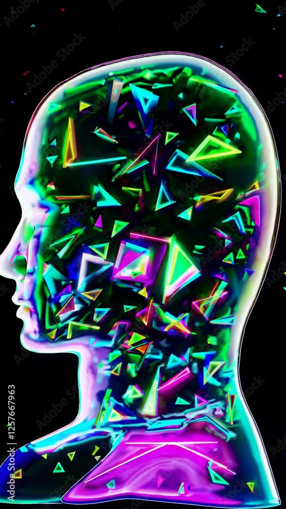 Aufkleber geometric shapes forming and transforming within a human head, creating a surreal and futuristic vis