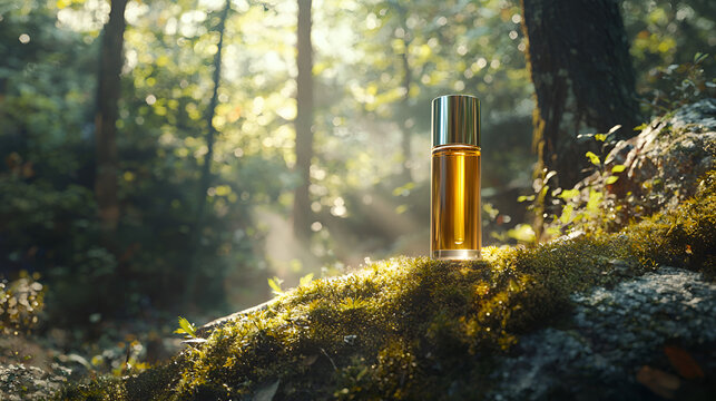 Amber elixir in nature's embrace, sunlight filters through the forest, highlighting natural beauty