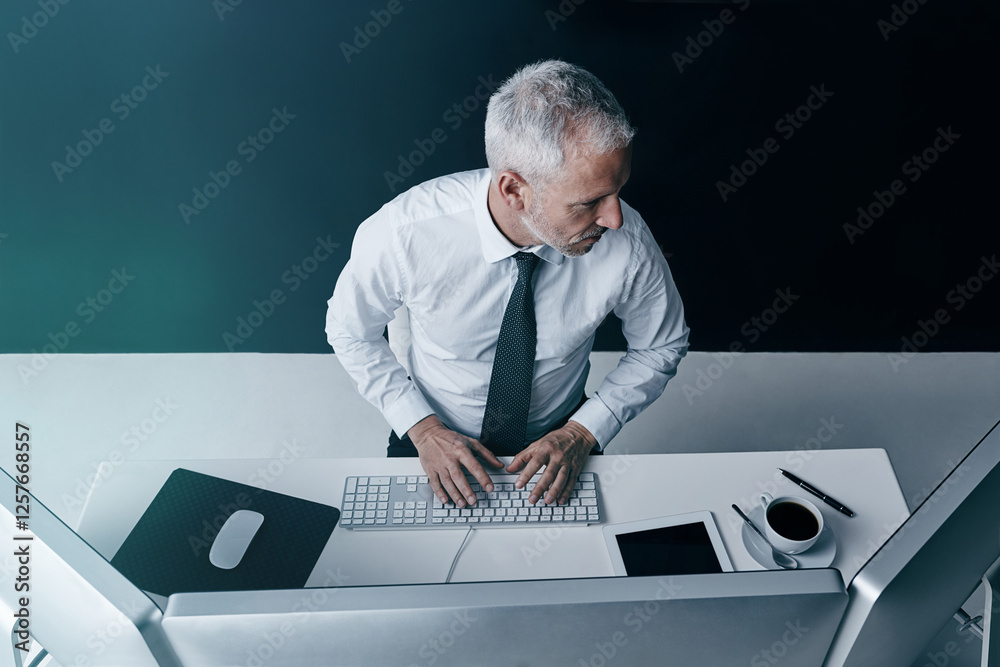 Poster reading, online and man with computer, office and research for economic growth, trader and analysis.