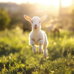 baby goat jumping joyfully through a vibrant green field, the sunlight casting a warm glow over its playful antics amidst the open natural landscape