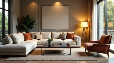 Serene Living Room with Modern Sectional Sofa and Warm Lighting Featuring a Large Blank Canvas