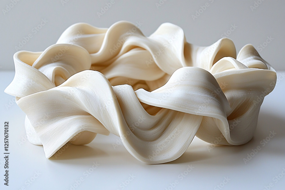 Wall mural Abstract ivory-colored sculpture featuring fluid, ribbon-like shapes interweaving to create a complex, elegant form.