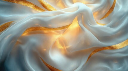 Soft, flowing fabric with golden accents illuminated by warm light, creating a serene atmosphere