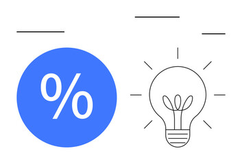 Large blue percentage sign next to an illuminated lightbulb. Ideal for financial strategy, innovation, creativity, business growth, investment, profitability, marketing. Abstract line flat metaphor