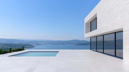 Obraz premium Modern house, infinity pool, scenic view, waterfront luxury