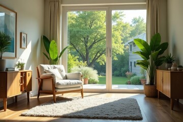 Serene living room with sunlight streaming through large patio doors, illuminating a comfortable armchair and lush potted plants, creating a calming and inviting atmosphere.