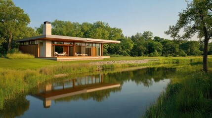 Obraz premium Modern house lakeside serene landscape summer