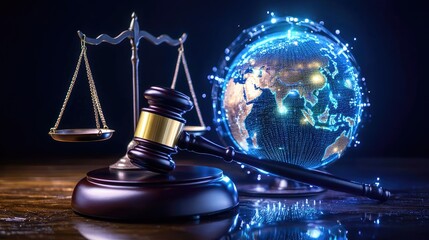 Gavel and Scales of Justice with a Glowing Earth at Night