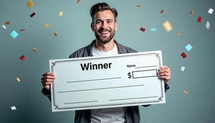 Smiling man holding oversized blank winner check with falling confetti