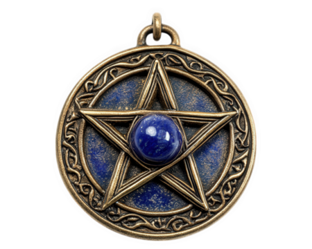 mystical amulet featuring pentagram design with blue gemstone at center, symbolizing protection and spiritual energy. This charm is often used in various spiritual practices