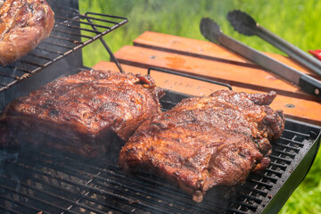 Two pieces of meat are being cooked on a grill