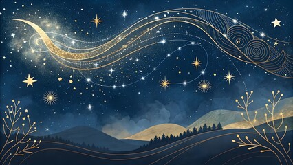 Fototapeta premium Golden Celestial Streams Mystical Stars & Cosmic Light Trails V6