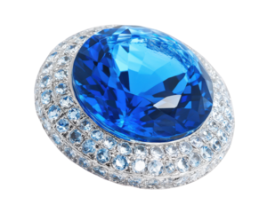 stunning blue gemstone brooch featuring large central blue stone surrounded by smaller light blue stones, showcasing elegance and luxury