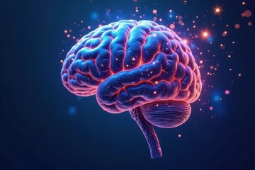 Obraz premium Illuminated Human Brain A Detailed 3D Rendering Showing Complex Neural Pathways and Active Synaptic Connections