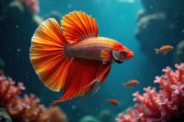 Obraz premium A vibrant, graceful betta fish with flowing, fiery orange fins swims amidst a tranquil underwater coral reef scene.
