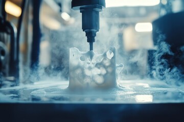 silicone injection nozzle delivering liquid into a mold, with steam and light effects adding a dramatic touch