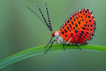 Obraz premium Panorpa communis männchen auf Gras, männliche Skorpionsfliege mit saugenden roten Samtmilben