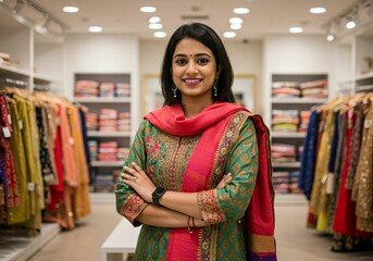 Confident Indian woman in traditional attire at a clothing store.