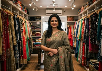 Woman in traditional attire in a colorful clothing store.