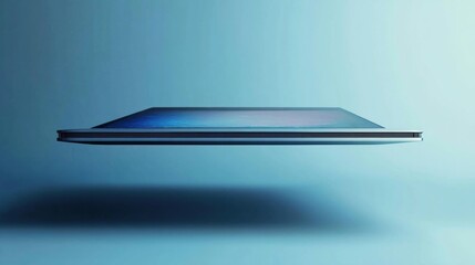 Sleek tablet floats, blue background, technology showcase