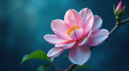 Fototapeta premium A Delicate Pink Blossom on a Branch Against a Teal Background, a Symbol of Spring's Gentle Arrival and the Beauty of Nature's Simple Elegance