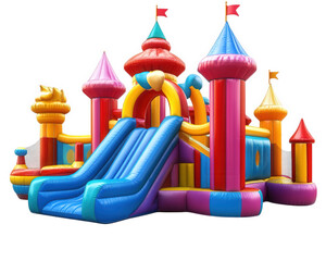 colorful inflatable castle with slides, perfect for children playtime and outdoor fun. This vibrant structure features various towers and bright colors, creating joyful atmosphere