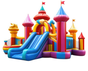 colorful inflatable castle with slides, perfect for children playtime and outdoor fun. This vibrant structure features various towers and bright colors, creating joyful atmosphere