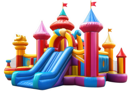 colorful inflatable castle with slides, perfect for children playtime and outdoor fun. This vibrant structure features various towers and bright colors, creating joyful atmosphere