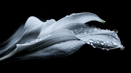 A close-up of an elegant white lily with dew drops on its petals, set against a black background