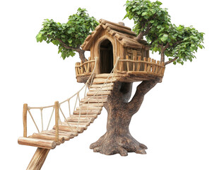 wooden treehouse playground with rope bridges, surrounded by lush green leaves, offers whimsical escape for children. This enchanting structure invites adventure and imagination