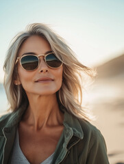 Naklejka premium Stylish mature woman in sunglasses gazing into the distance by the ocean, radiating confidence.