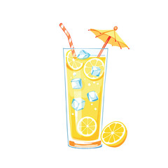 Vsai refreshing lemonade with ice cubes, lemon slices, and cocktail umbrella in a tall glass