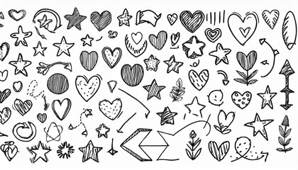 Fototapeta premium líneas de dibujo estrella, flecha, elemento de decoración del corazón icono conjunto. Dibujo a mano dibujado doodle linda estrella, énfasis, elemento de flor. Icono de forma de decoración