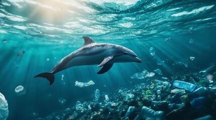 Naklejka premium Dolphin swimming through a sea of plastic waste underwater environmental impact ocean habitat marine life awareness campaign