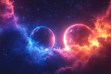 Obraz premium Two glowing planets in a foggy universe with stars in the background. The concept of man as a universe. Mental health. Generated by artificial intelligence