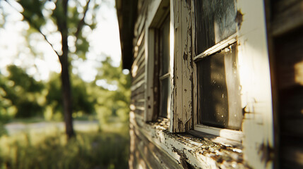 Dilapidated Barn with Faded Paint and Overgrown Vegetation in Afternoon Sunlight