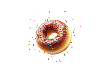 Pink donut with colorful sprinkles flying in mid-air isolated on white or transparent, PNG