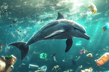 Obraz premium Dolphin navigating through ocean plastic pollution underwater world environmental impact marine life conservation perspective